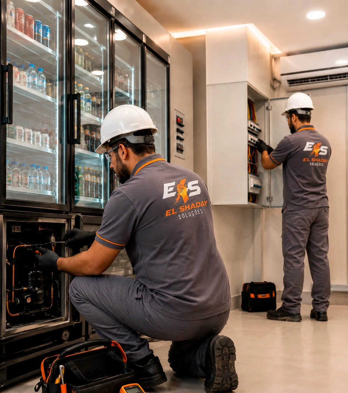 Técnicos da El Shaday Soluções realizando serviços de climatização, refrigeração comercial e elétrica